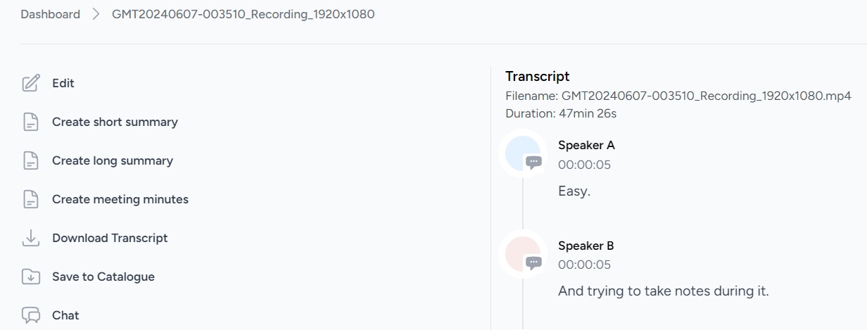 EchoTranscript transcript view with speaker names and timestamps