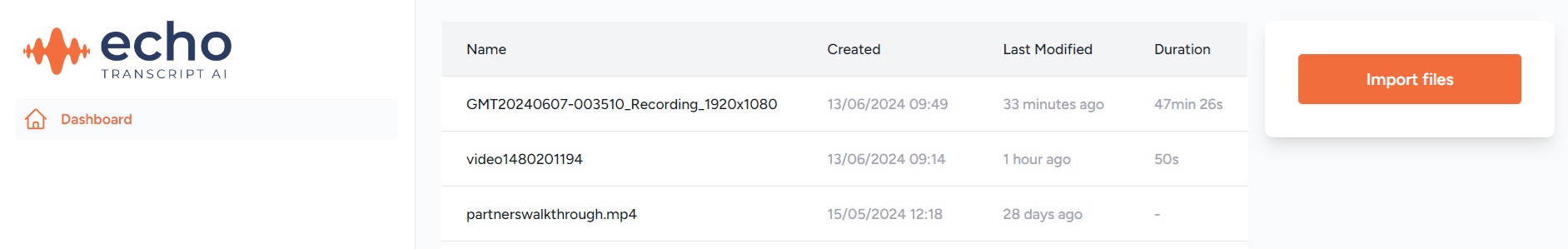 EchoTranscript dashboard listing transcribed files